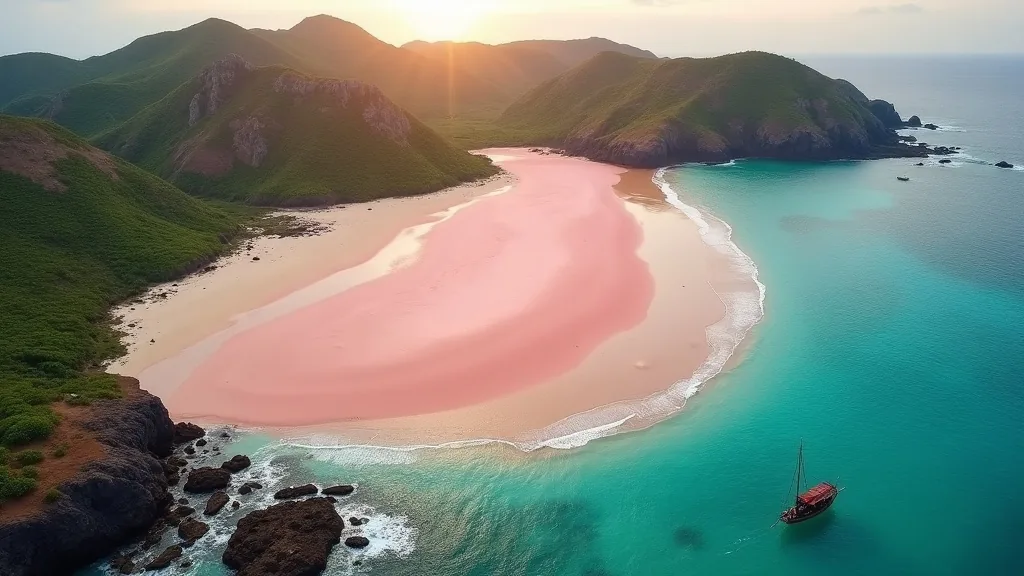 Aerial view of Pink Beach on Komodo Island with rose-pink sand, turquoise reef water, and a phinisi boat anchored offshore