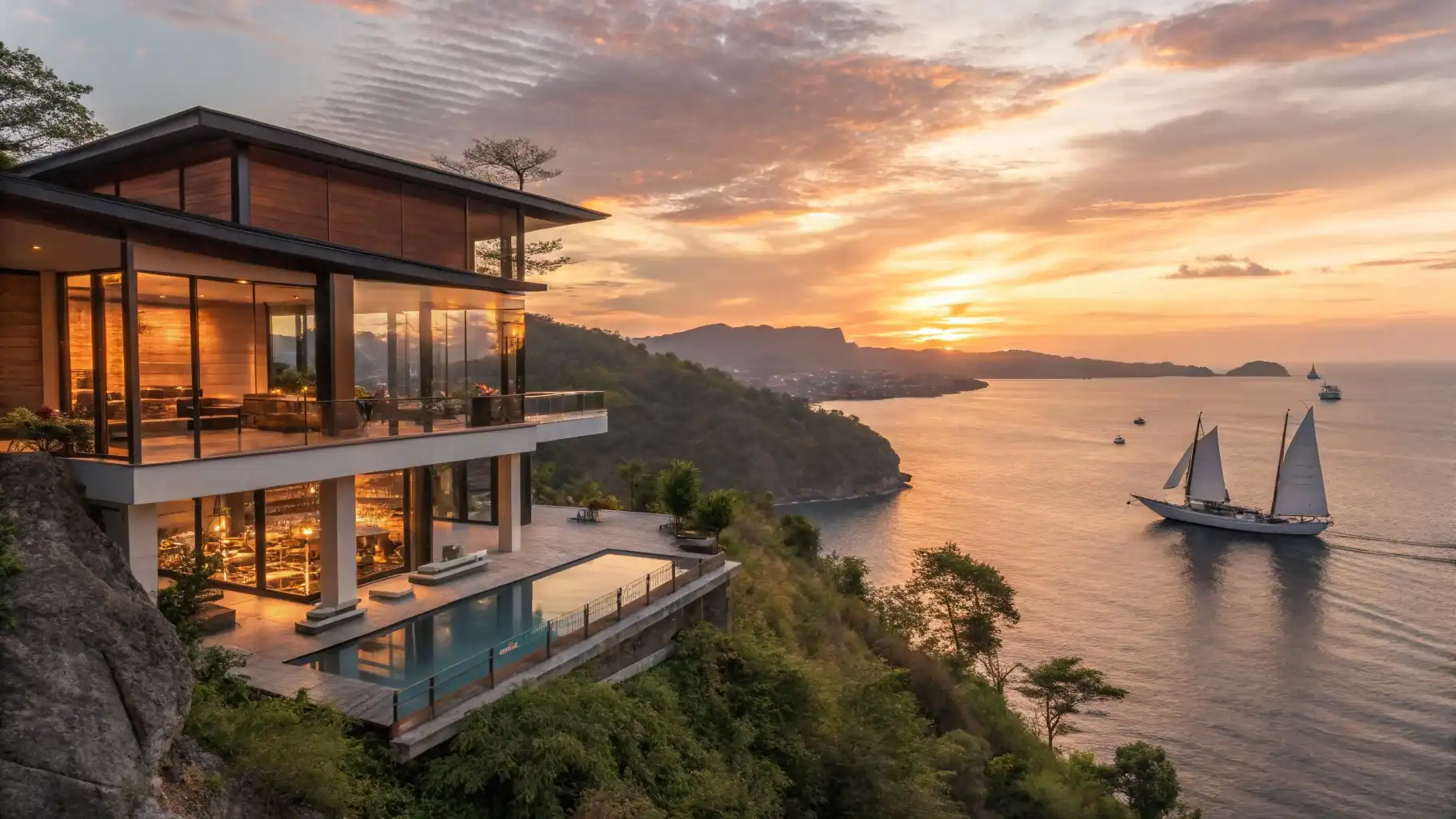 Invest Labuan Bajo Komodo Island | luxury villa on clifftop in labuan bajo on sunset with luxury phnisi sailing | Komodo Luxury