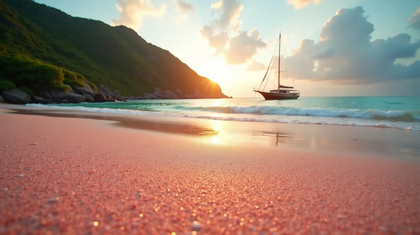 Pink sand beach at golden hour with a phinisi yacht anchored offshore, Komodo National Park